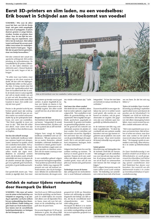 Krantenpagina 13 van Mooi Schijndel, 2 september 2026, met het artikel over LekkerLevenLand